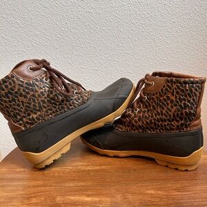 Sperry Leopard Print and Black Duck Boots